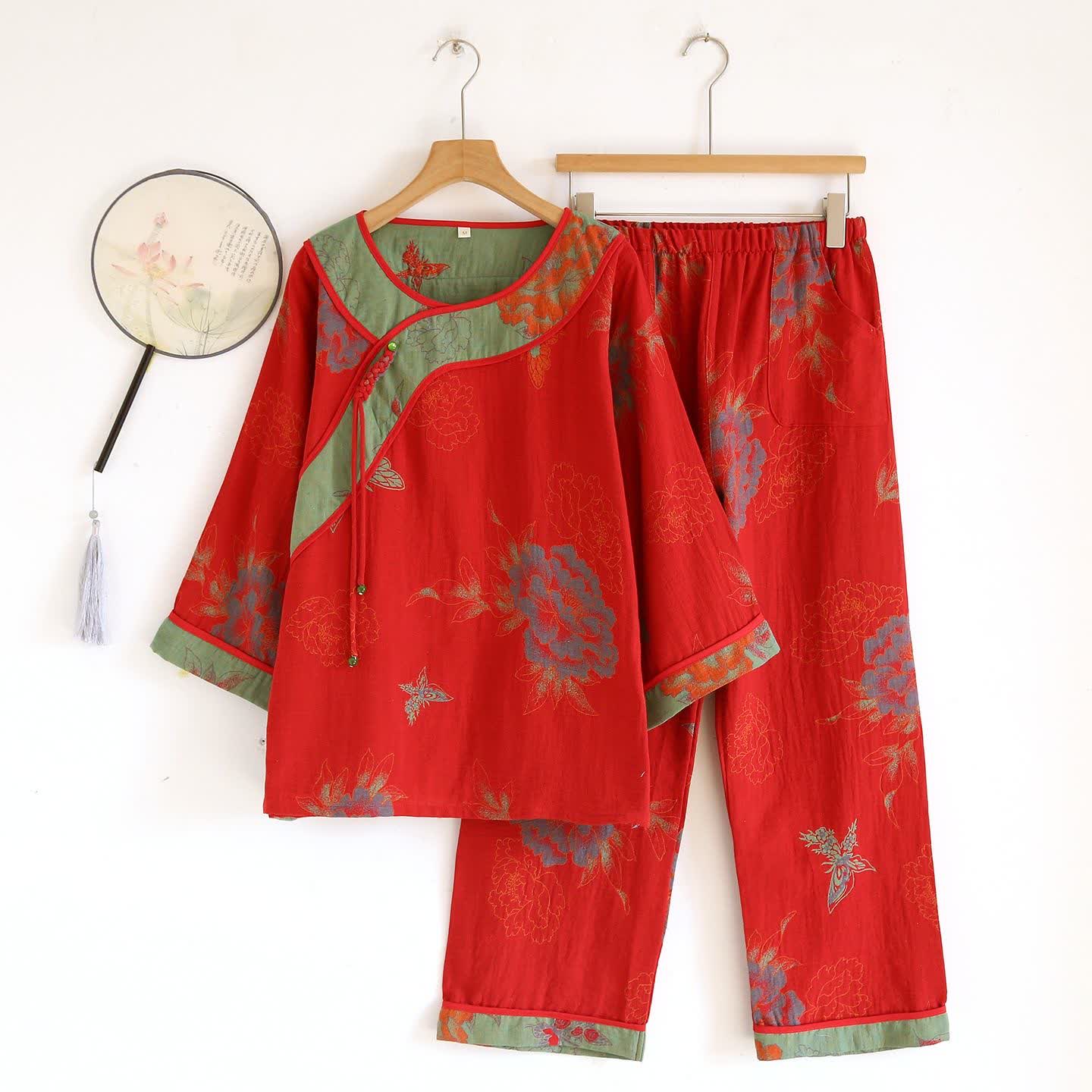 Pigiama in garza di cotone jacquard con farfalla e peonia - Rosso - XL - image 13