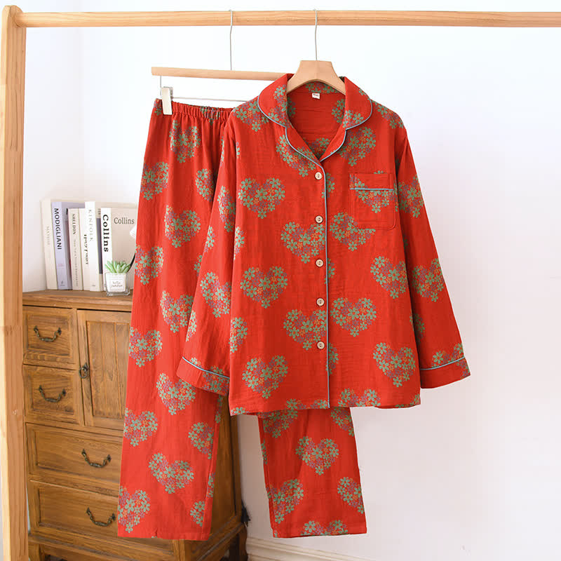 Completo da notte in garza di cotone floreale a forma di cuore - Rosso - 2XL - image 0