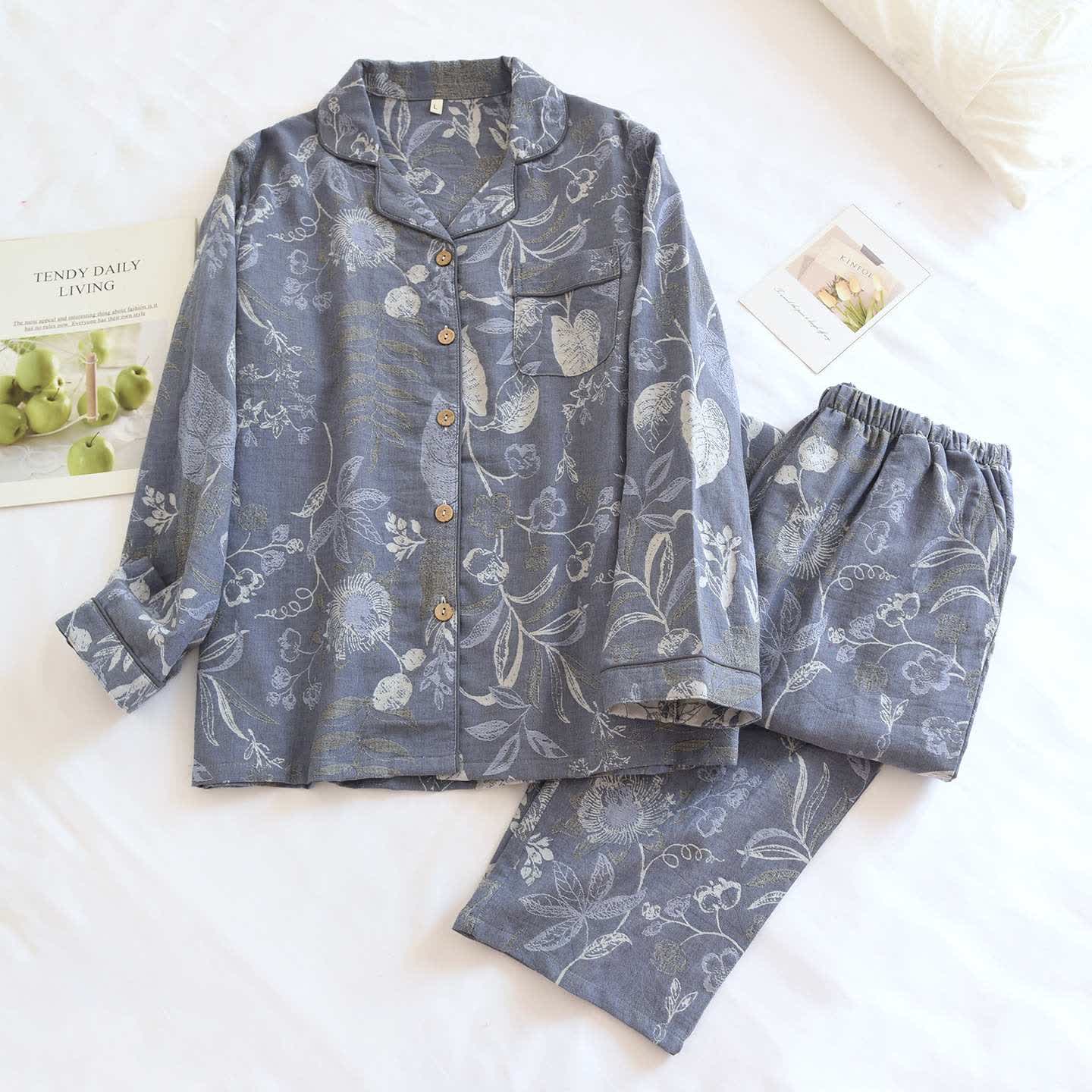 Elegante completo da notte in cotone con motivo floreale a foglie - Blu - XL - image 0