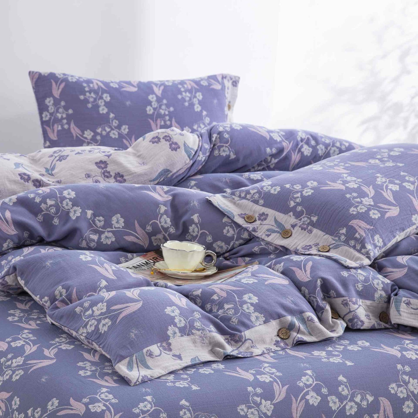 Elegante set di biancheria da letto in cotone a doppia garza floreale (4 pezzi) - image 3