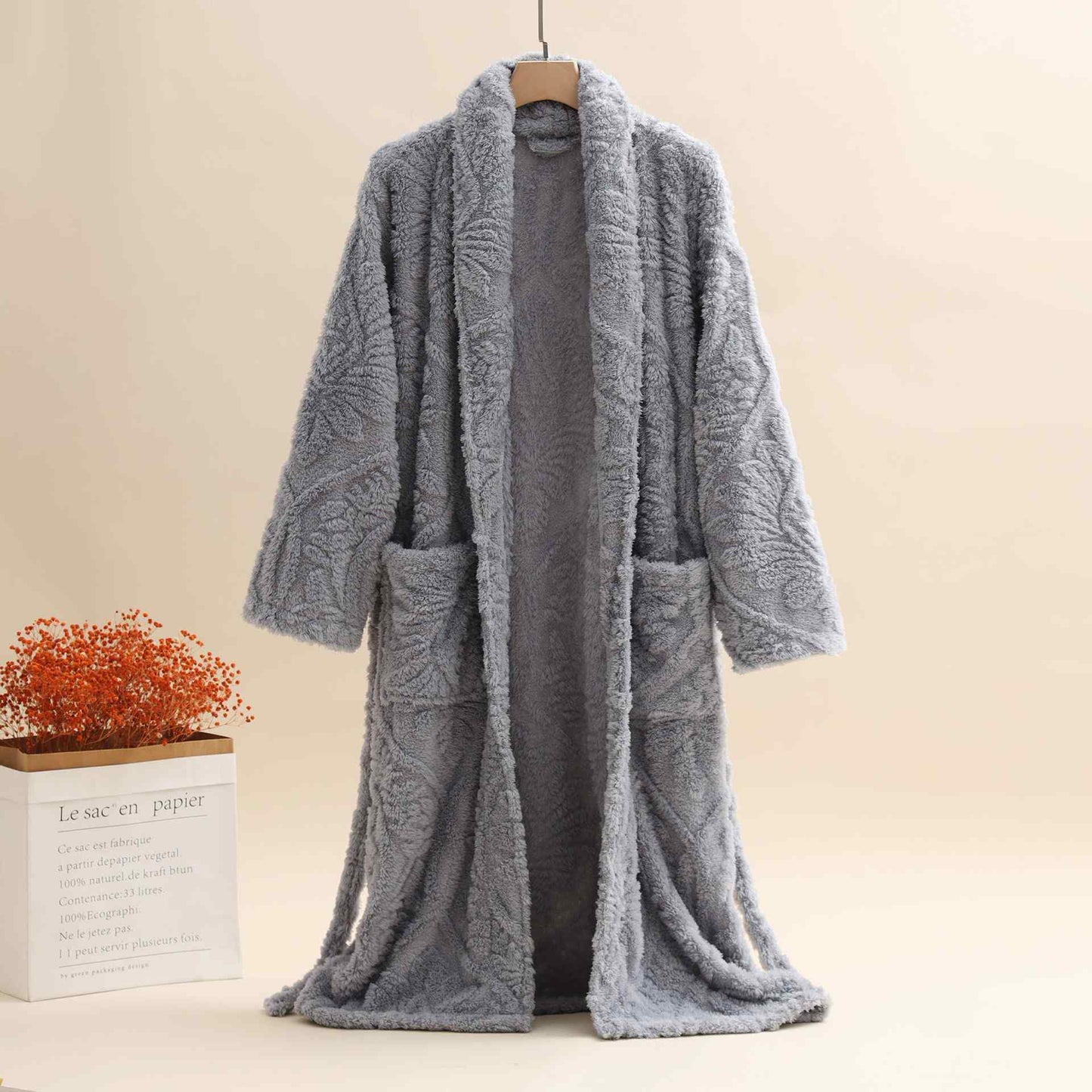 Accappatoio unisex in peluche jacquard retrò caldo - Grigio - XL - image 5