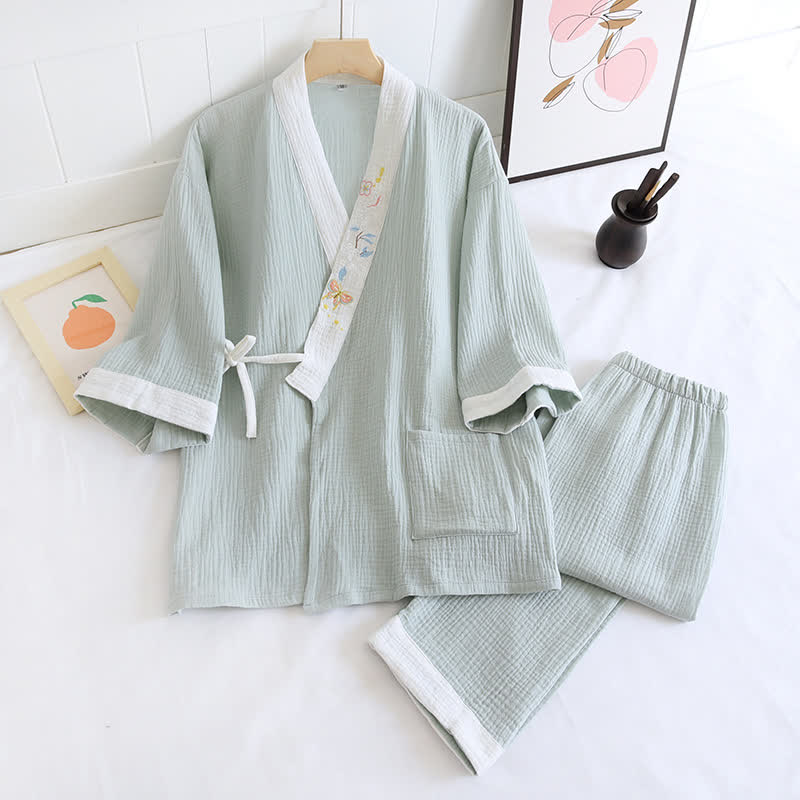 Kimono in garza di cotone ricamato con farfalle - Verde - XL - image 17