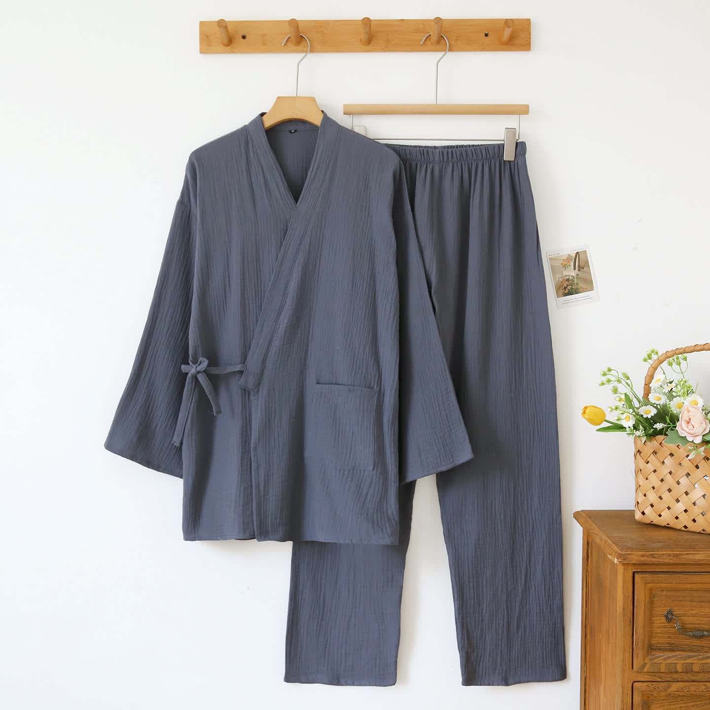 Kimono unisex minimalista in garza di cotone da salotto - Grigio scuro - Uomo XL - image 14