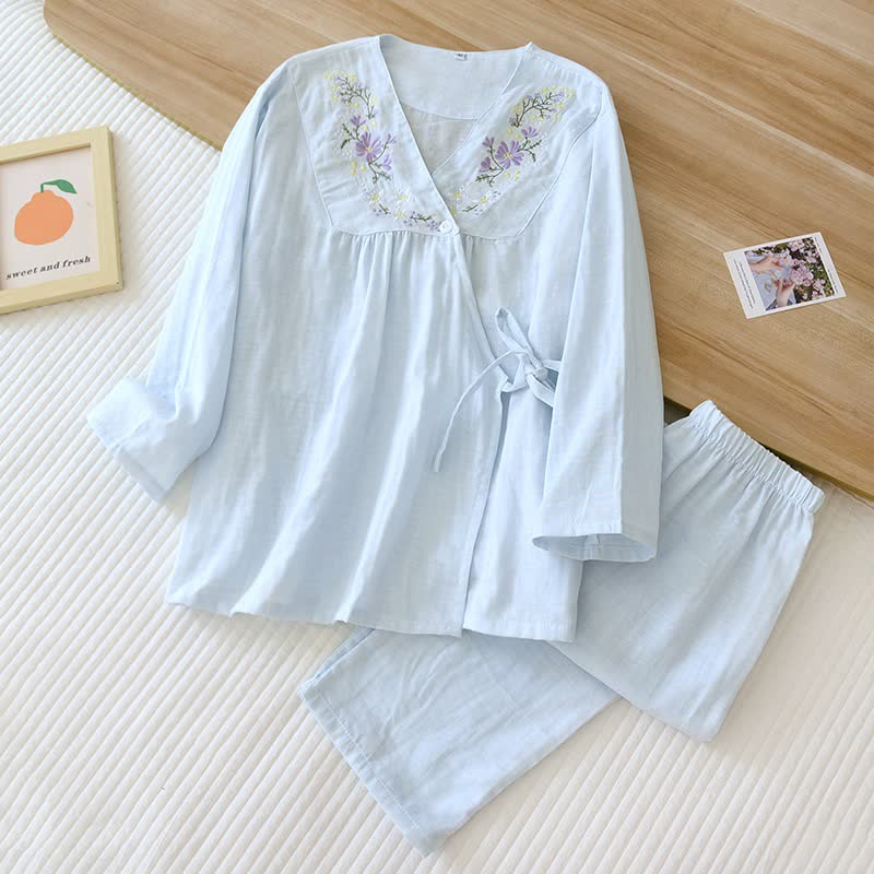Kimono in garza di cotone con ricamo floreale da indossare in salotto - Azzurro chiaro - XL - image 13