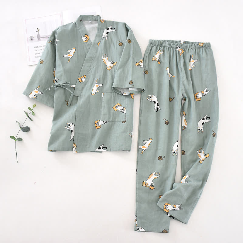 Kimono in cotone con gatto coordinato per coppia - Verde scuro - Uomini - L - image 18