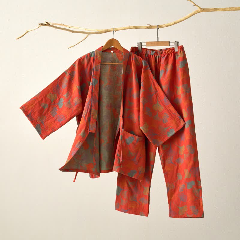 Completo da salotto in kimono di garza di cotone Ginkgo - Rosso arancione - XL - image 45