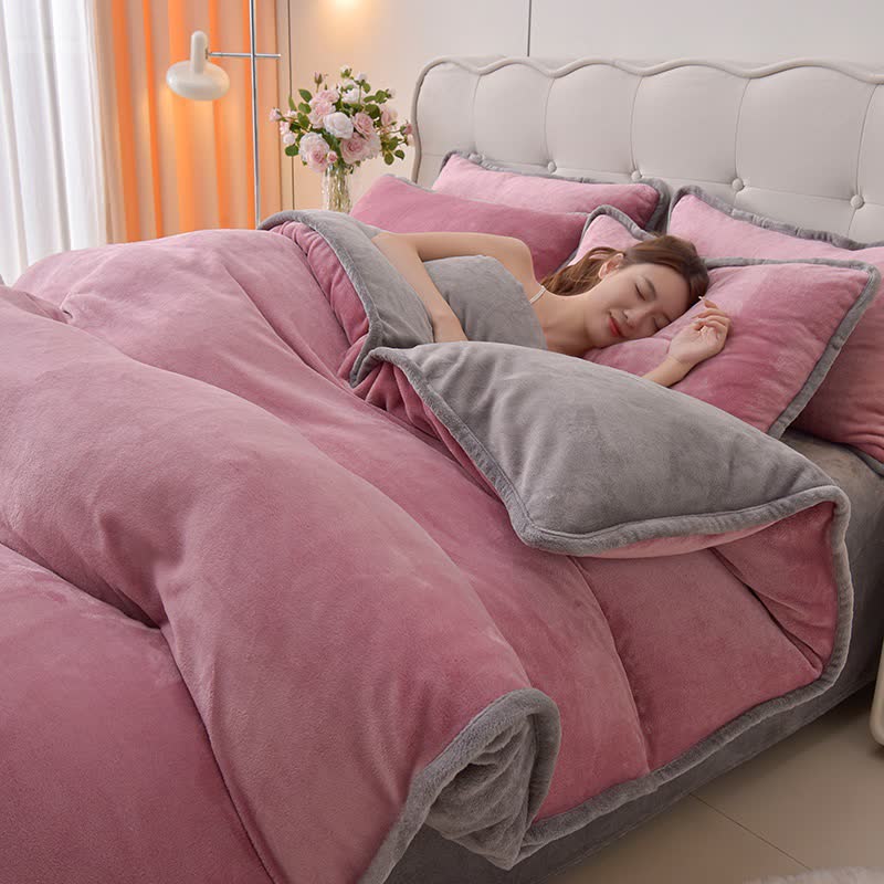 Set di biancheria da letto in peluche reversibile in tinta unita - Rosa e grigio - Set di biancheria da letto - Matrimoniale Grande - image 7