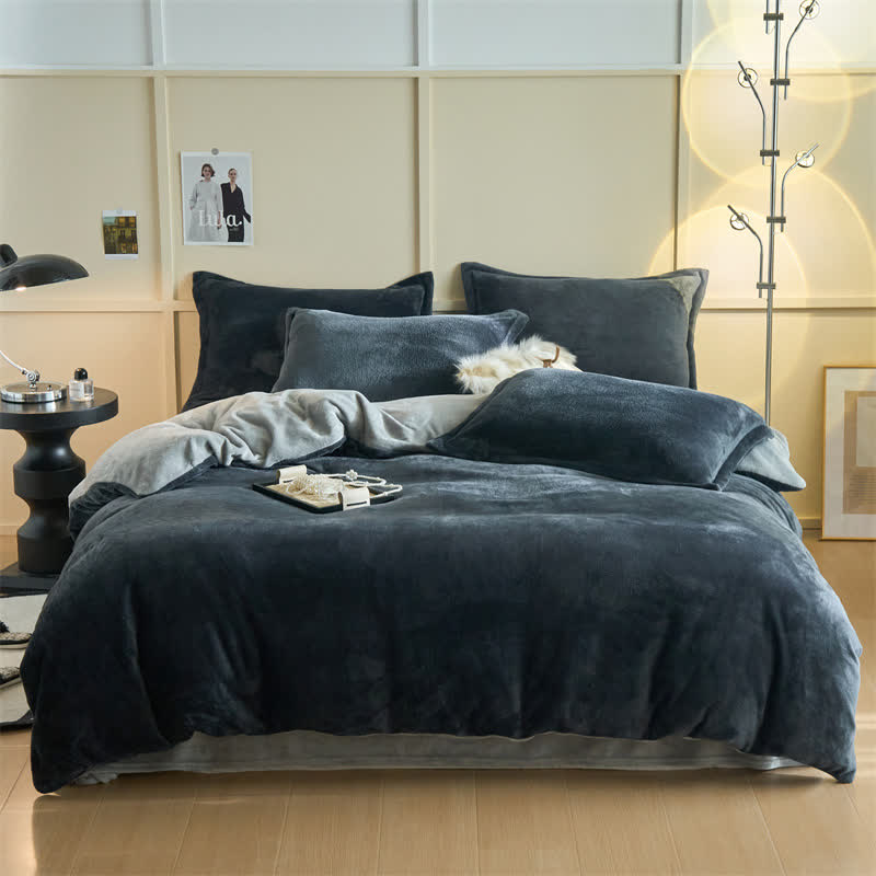 Set di biancheria da letto semplice reversibile in peluche - Grigio scuro e grigio - Set di biancheria da letto - Matrimoniale Grande - image 12