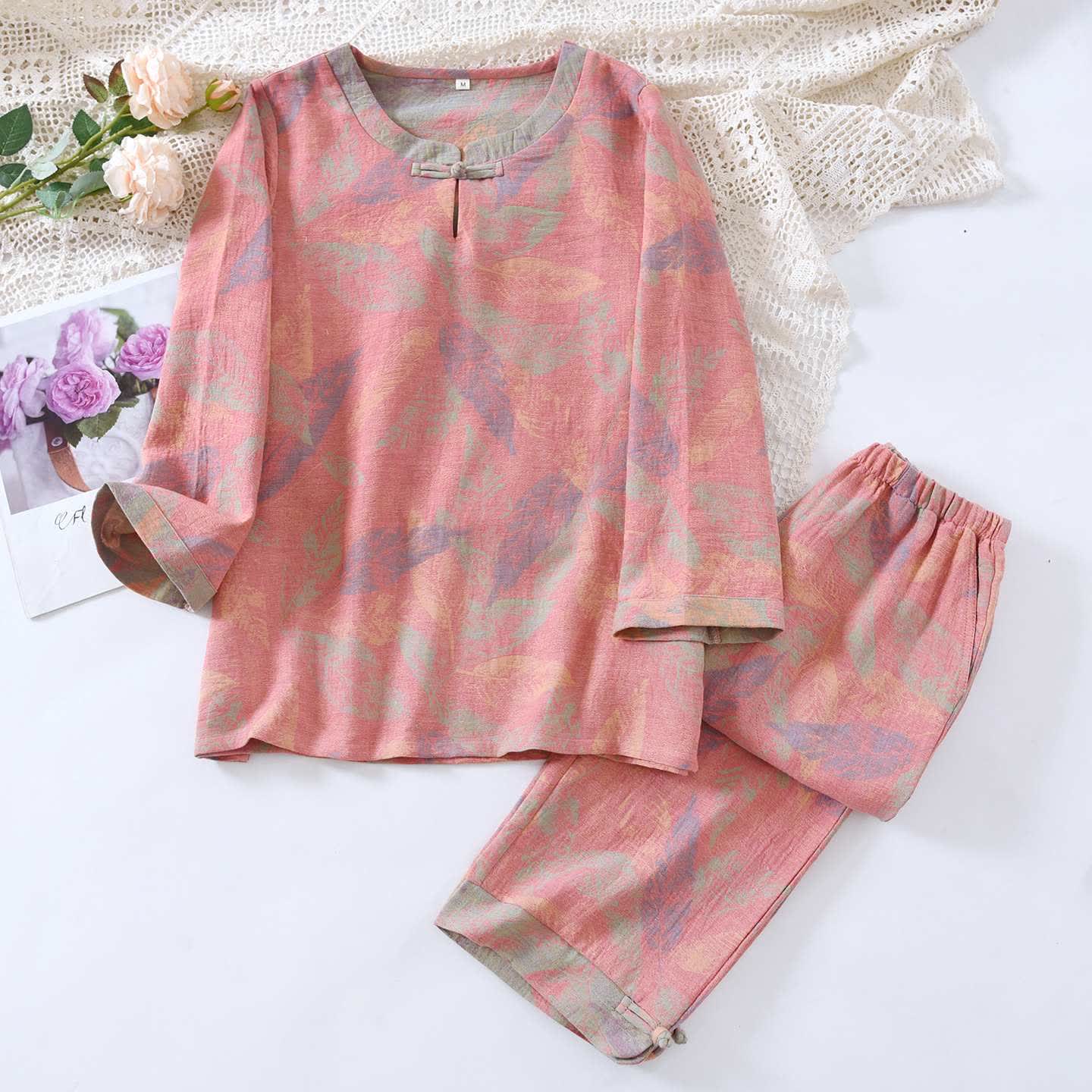 Pigiama in puro cotone con foglie in stile orientale - Rosa - XL - image 9
