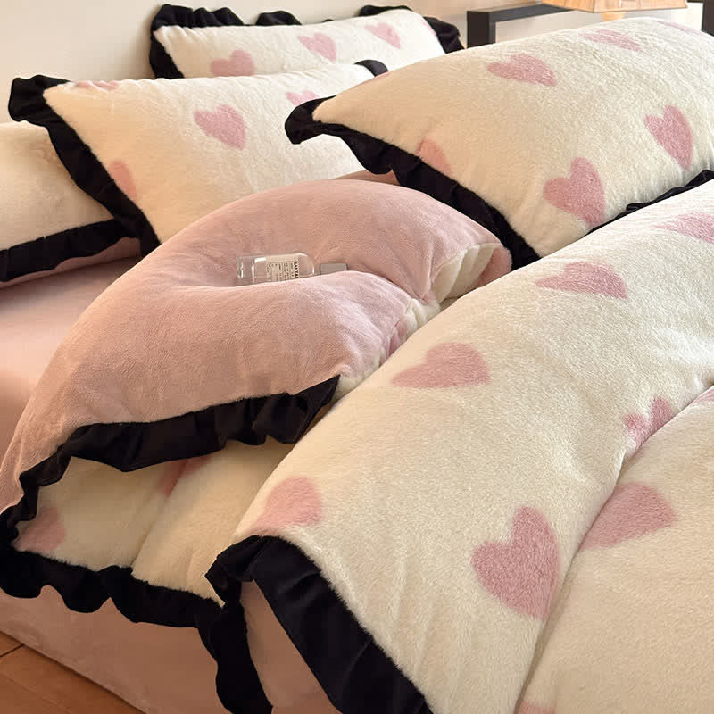 Set di biancheria da letto in peluche con stampa a cuore e romantiche balze (4 pezzi) - Rosa - Matrimoniale Grande - image 4