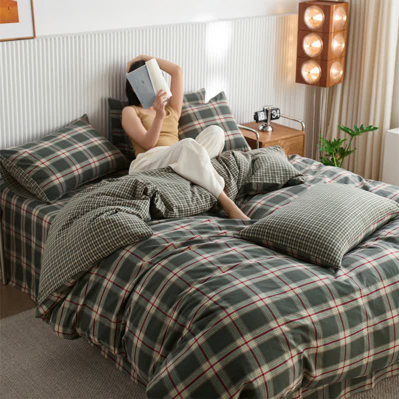 Set di biancheria da letto in cotone a quadri di grandi dimensioni - Verde - Matrimoniale Grande - image 4