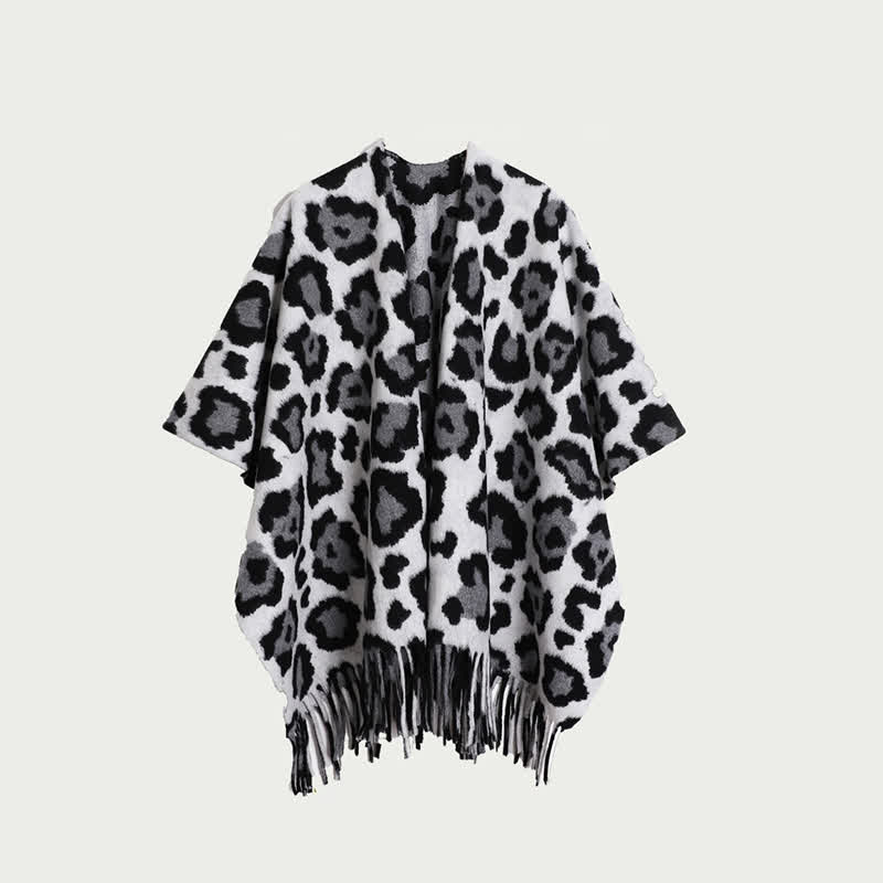 Coperta scialle con frange e stampa leopardata moderna - Bianco e nero - 150cm x 120cm - image 1