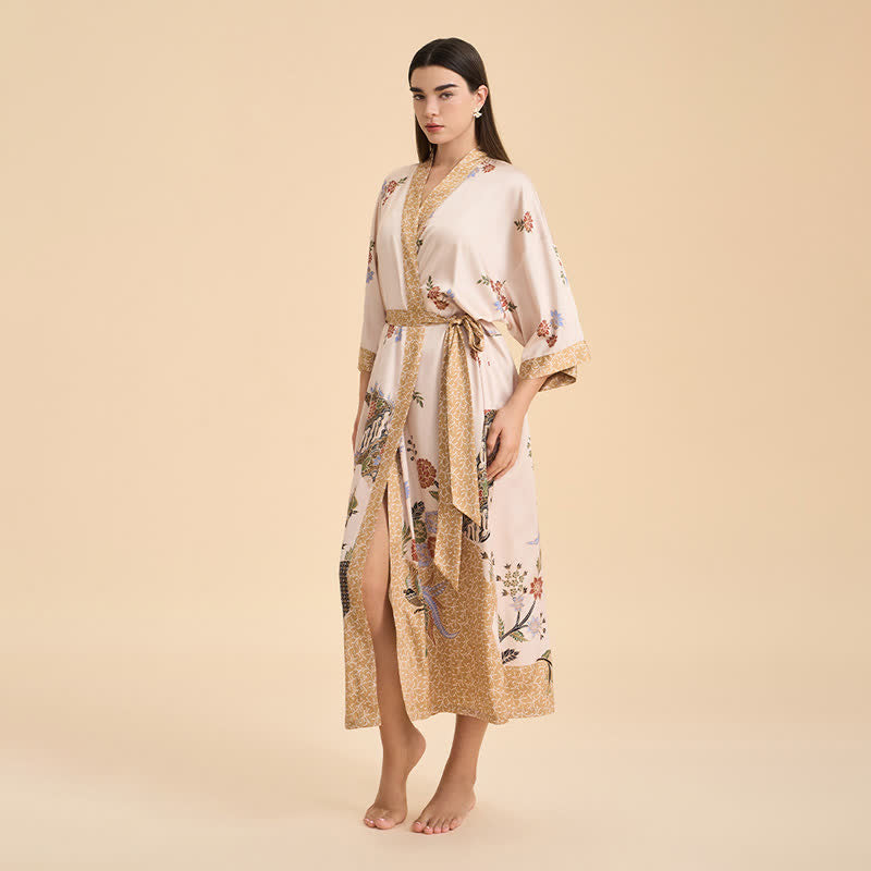 Accappatoio in stile kimono con uccelli floreali orientali - image 2