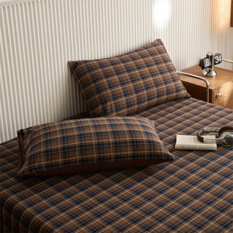 Copriletto classico in cotone a quadri vintage - Blu navy e marrone - 2 federe - 48cm x 74cm - image 7