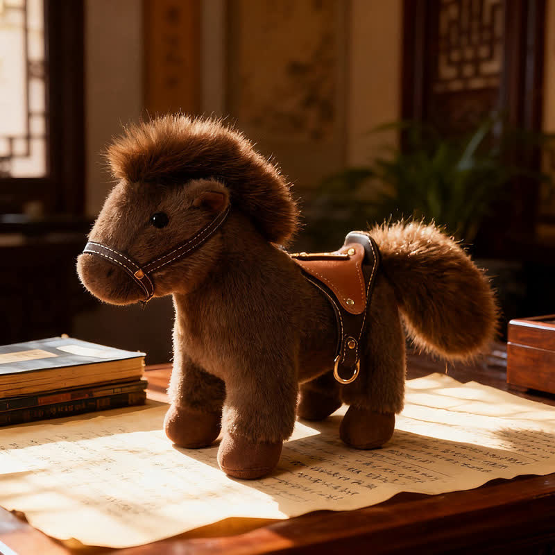 Pony di peluche realistico con sella in finta pelle - Caffè - 2 pezzi - 30cm - image 11