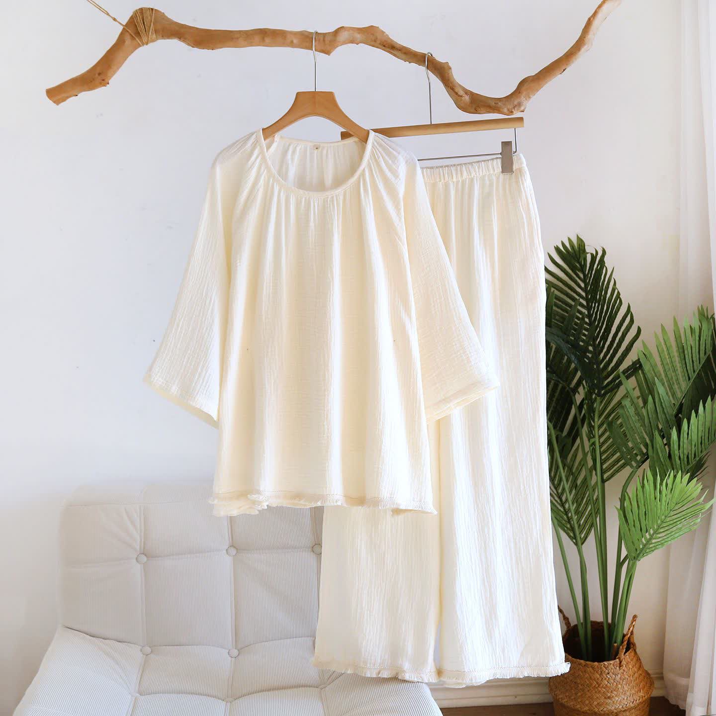 Completo da casa minimalista in cotone tinta unita - Beige - XL - image 16