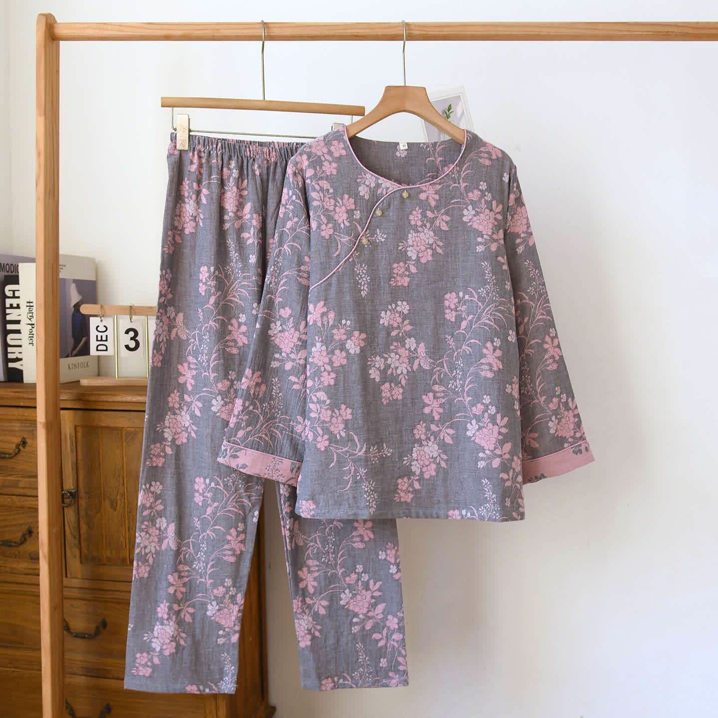 Pigiama in garza di cotone jacquard con motivo a fiori di prugna - Grigio - XL - image 15