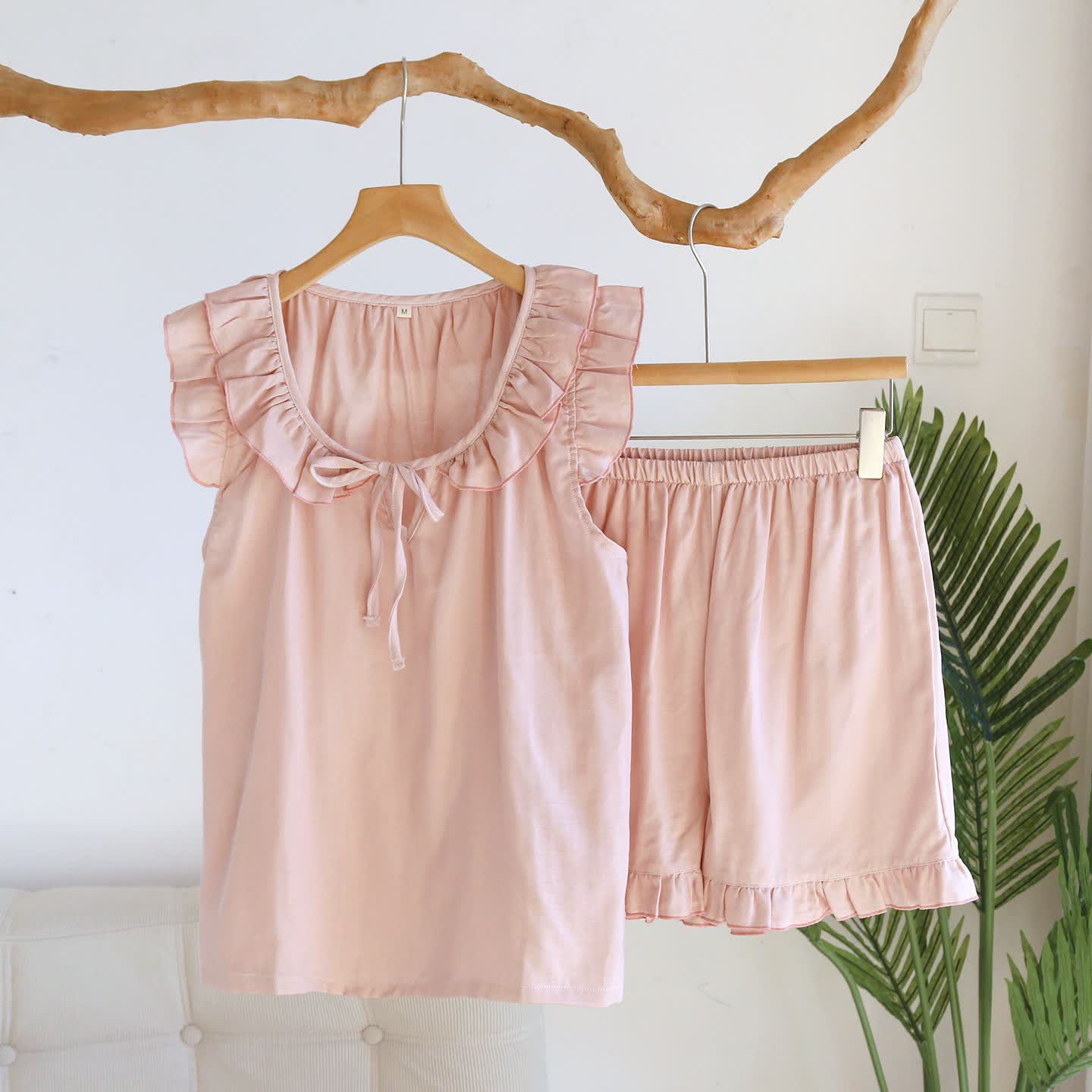 Pigiama con canotta arricciata in tinta unita - Rosa - XL - image 19