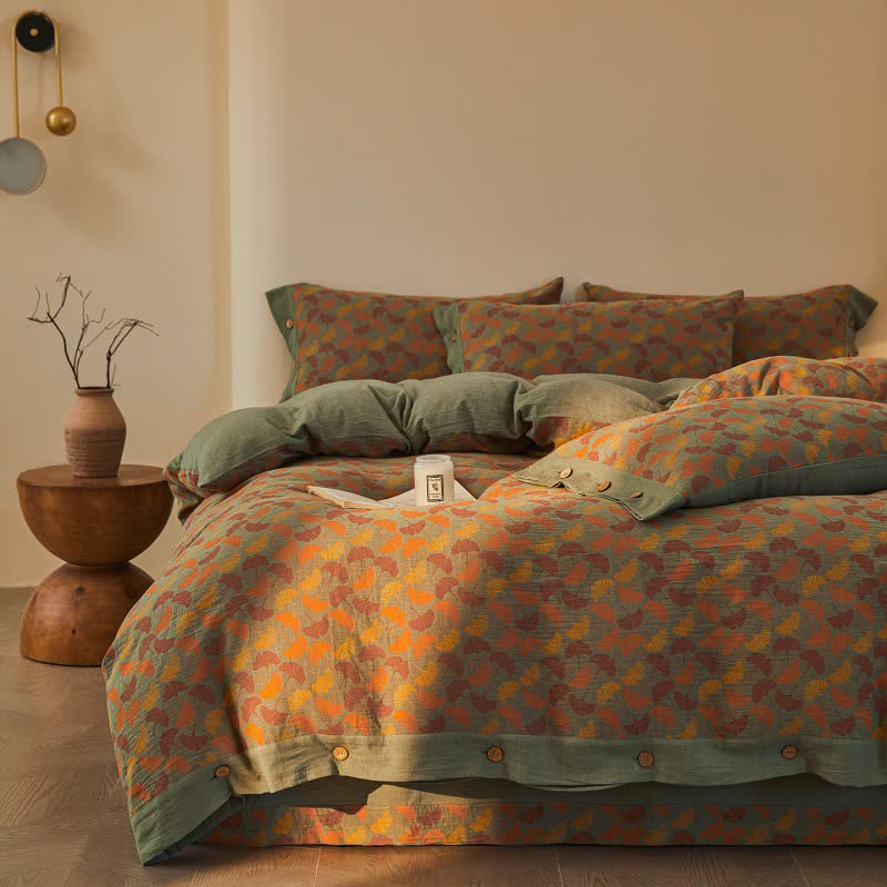 Set di biancheria da letto in cotone a doppia garza con motivo botanico Ginkgo (4 pezzi) - image 2