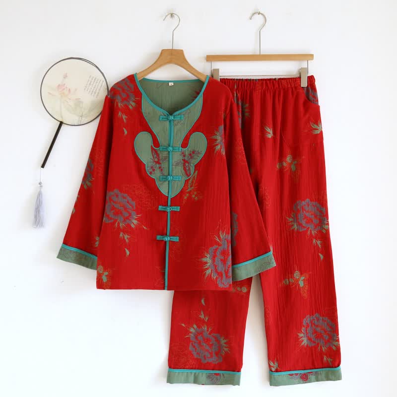 Pigiama in cotone con motivo peonia in stile orientale - Rosso - XL - image 14
