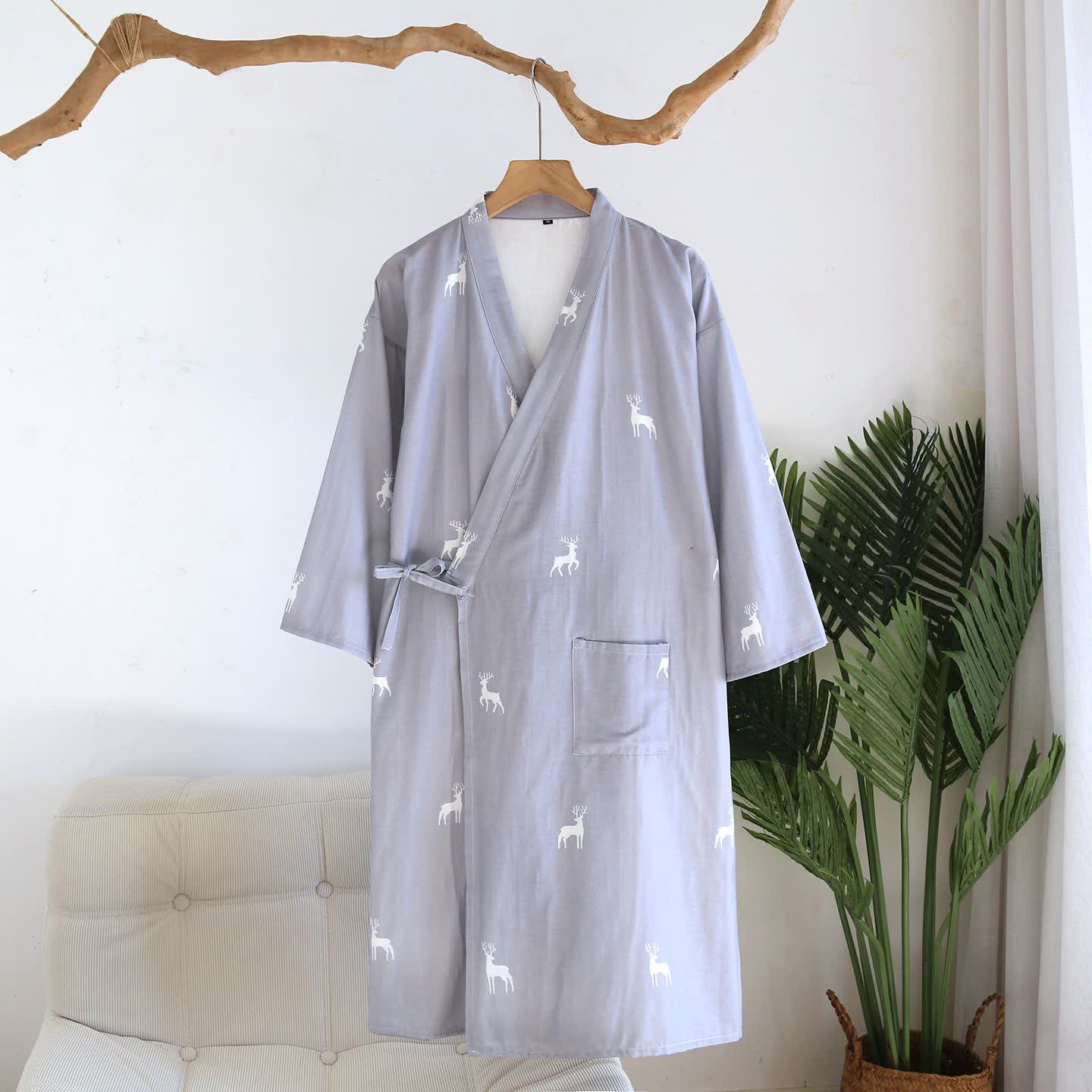 Accappatoio Kimono in Garza di Cotone con Motivo a Cervo per Coppia - Blu - L - image 11