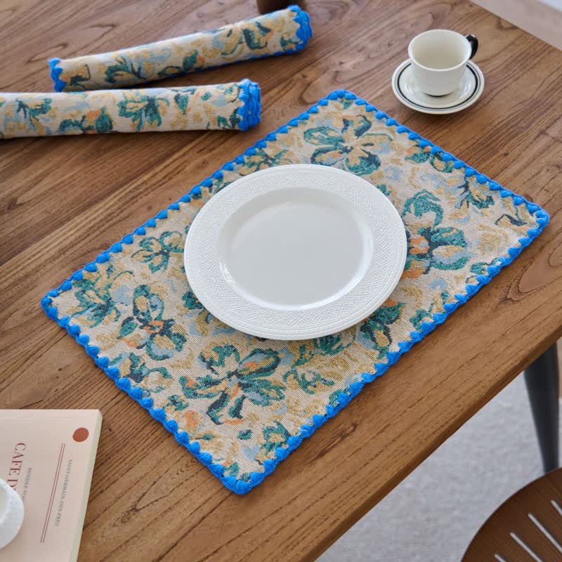 Tovaglietta in tessuto jacquard floreale blu rustico - 3 pezzi - 30cm x 45cm - image 0