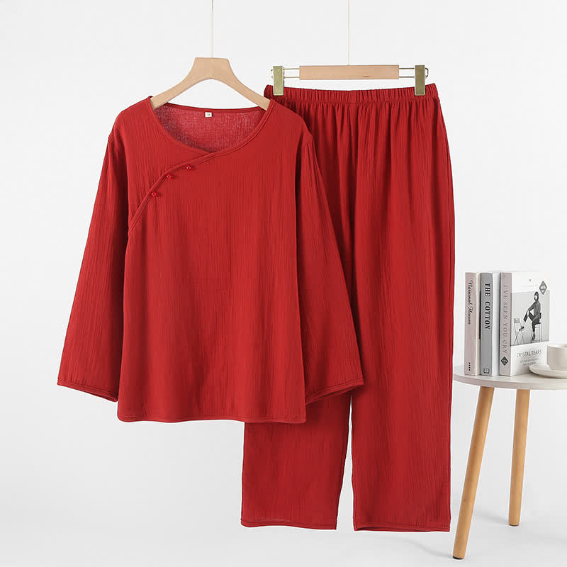 Pigiama in cotone rosso minimalista per coppie - Collo asimmetrico - Rosso - Donne: XL - image 3