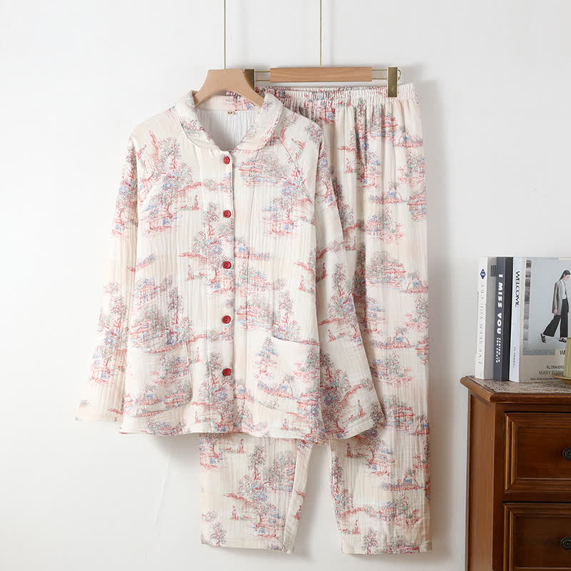 Loungewear in garza di cotone con motivo ad albero artistico orientale - Beige - Collare di Peter Pan - XL - image 7