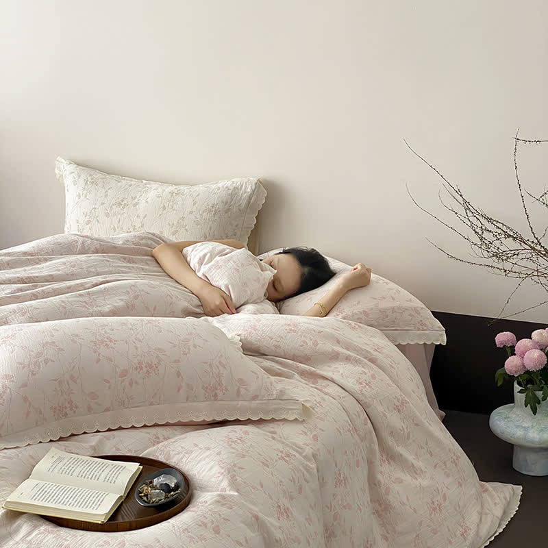 Set di biancheria da letto in garza di cotone con foglie sottili vintage (4 pezzi) - image 15
