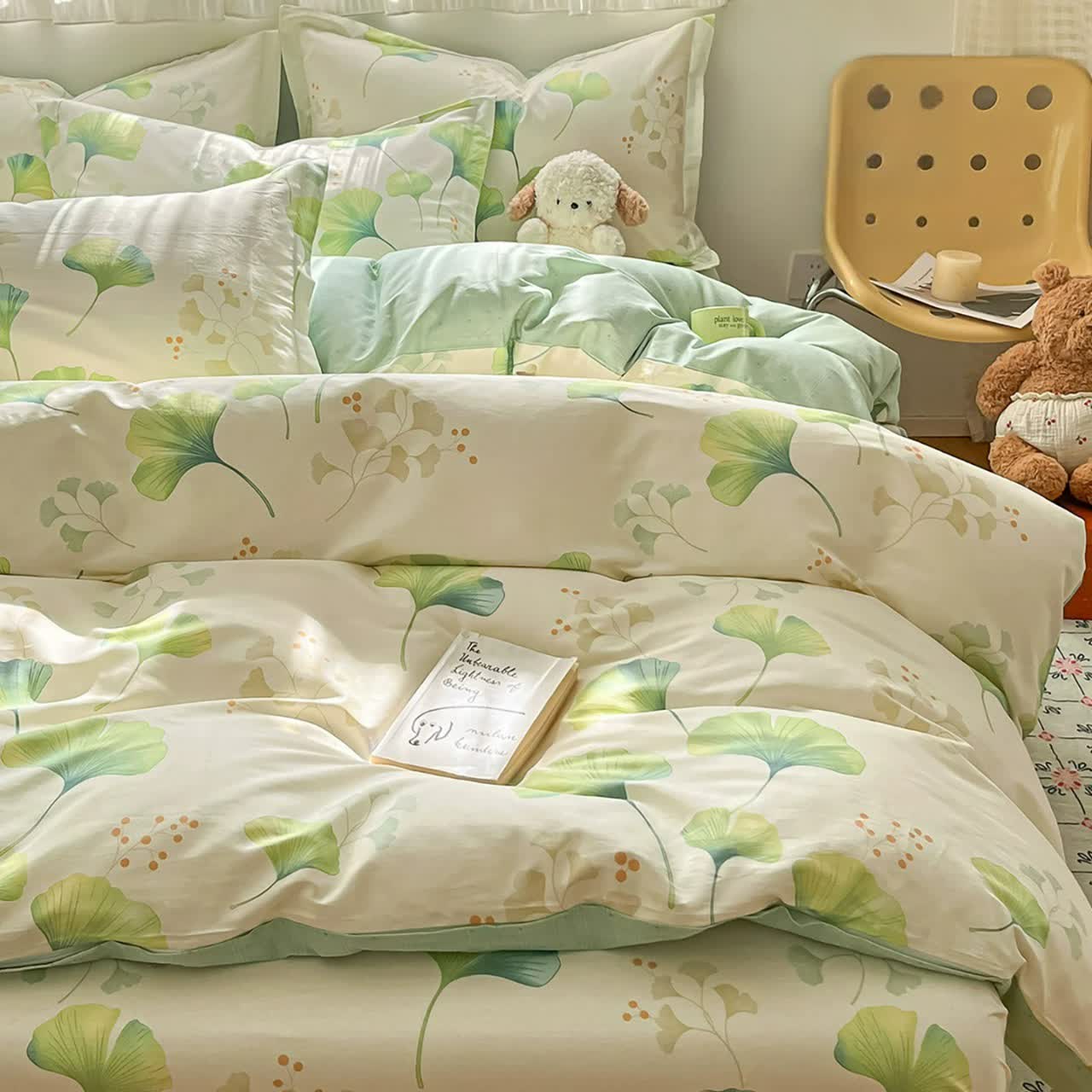 Set di biancheria da letto in cotone con foglie di ginkgo verde fresco (4 pezzi) - image 2