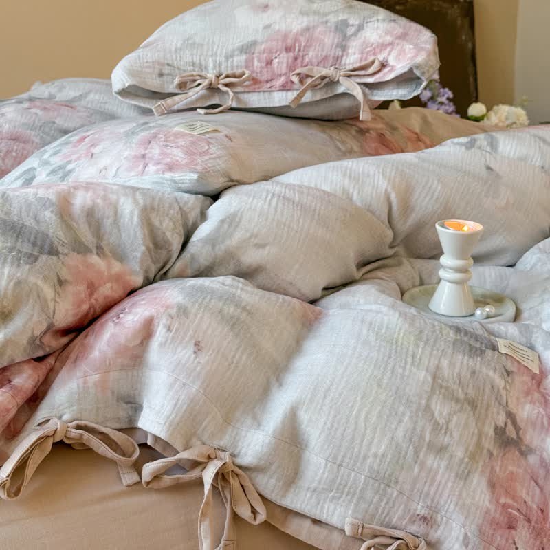 Elegante set di biancheria da letto in cotone con chiusura a lacci e motivo peonia (4 pezzi) - image 6