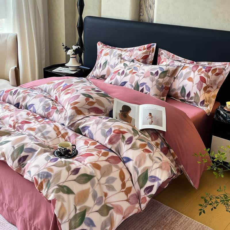 Set di biancheria da letto in cotone spazzolato con foglie colorate (4 pezzi) - image 1