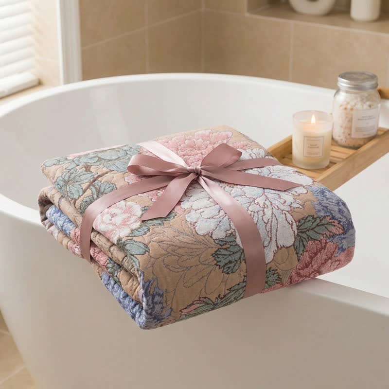 Lussuoso asciugamano da bagno in garza di cotone con motivo peonia - image 4