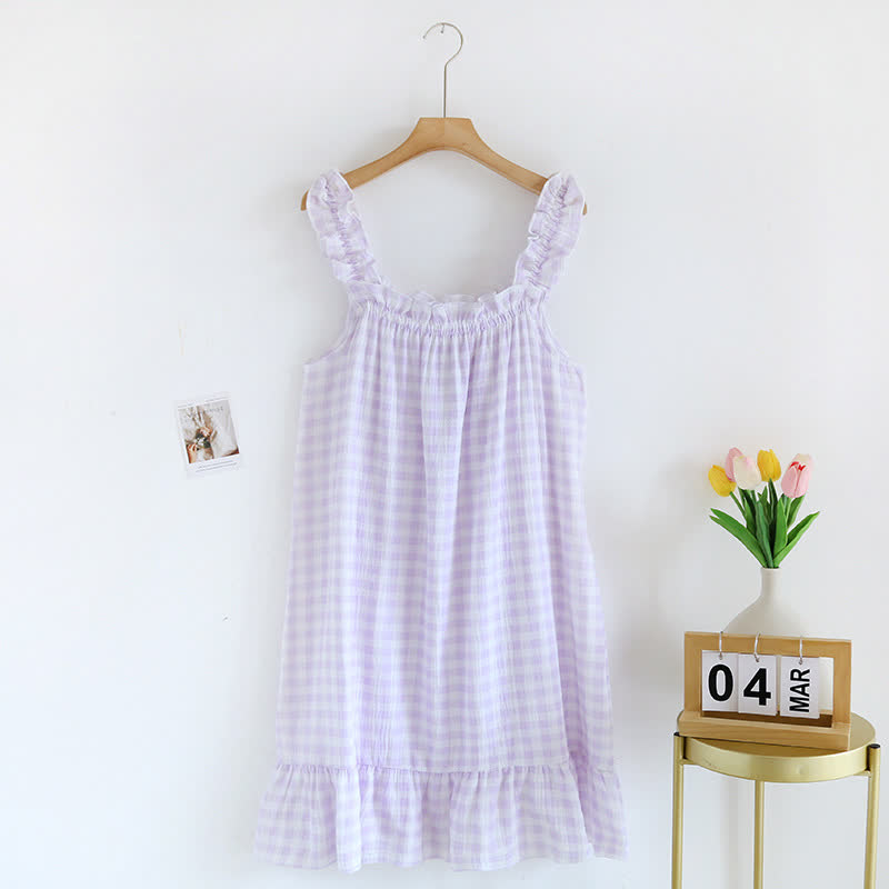 Camicia da notte a quadri in cotone con volant - Viola - XL - image 10