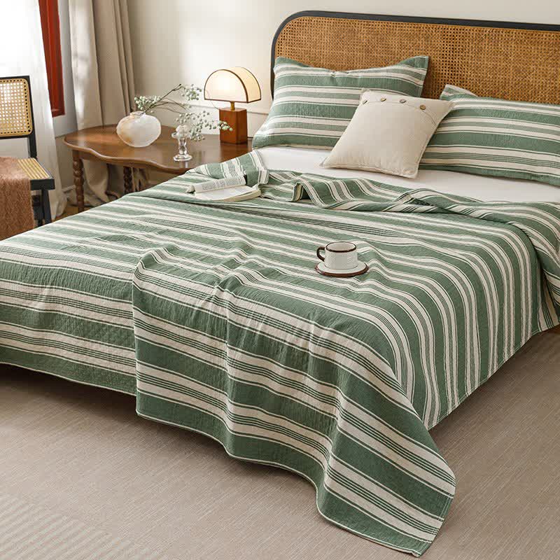 Coperta trapuntata minimalista in garza di cotone a righe - Verde - Trapunta con 2 cuscini e asciugamani - Matrimoniale Grande - image 8