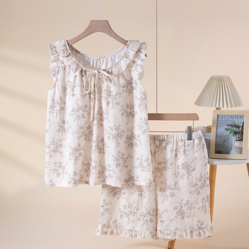 Pigiama senza maniche in garza di cotone floreale grazioso - Beige - XL - image 0