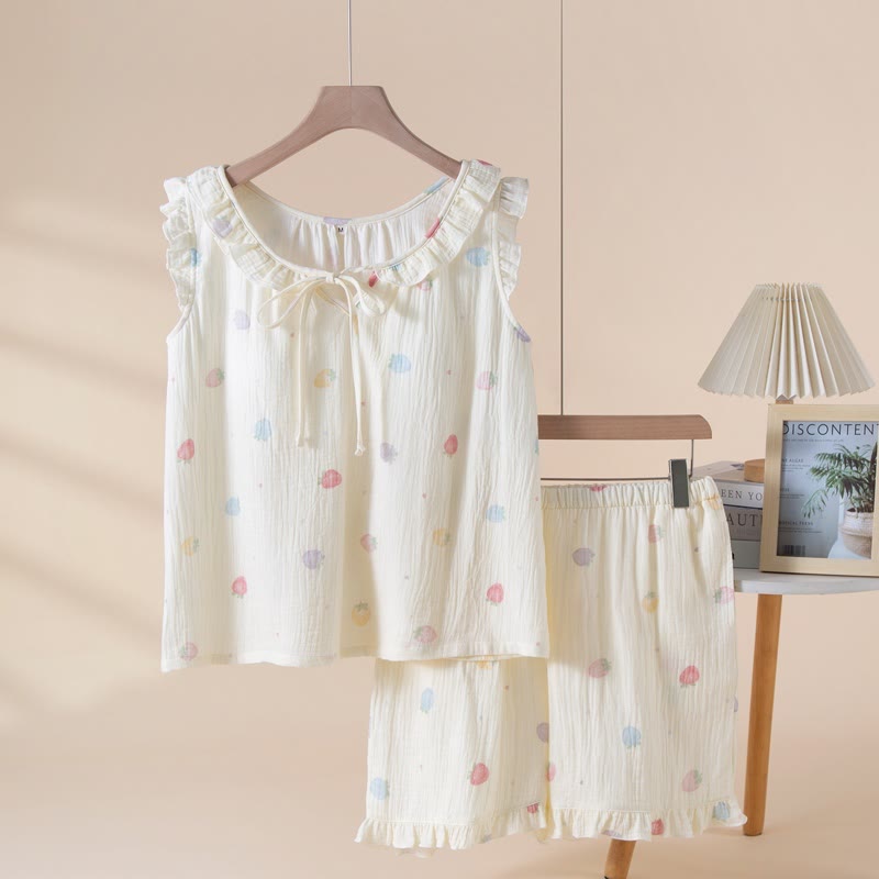 Pigiama senza maniche in garza di cotone a forma di fragola - Beige - XL - image 0