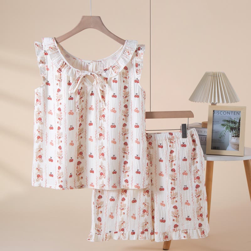 Pigiama senza maniche in garza di cotone con motivo ciliegia e fungo - Beige - XL - image 0