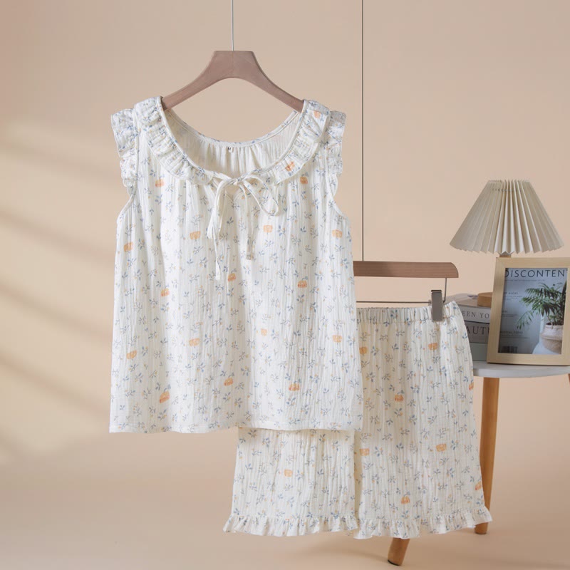 Pigiama senza maniche in garza di cotone con motivo zucca e foglia - Beige - XL - image 0