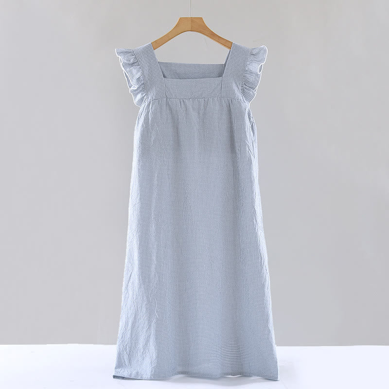 Camicia da notte in cotone con maniche a sbuffo a quadretti - Blu - XL - image 10