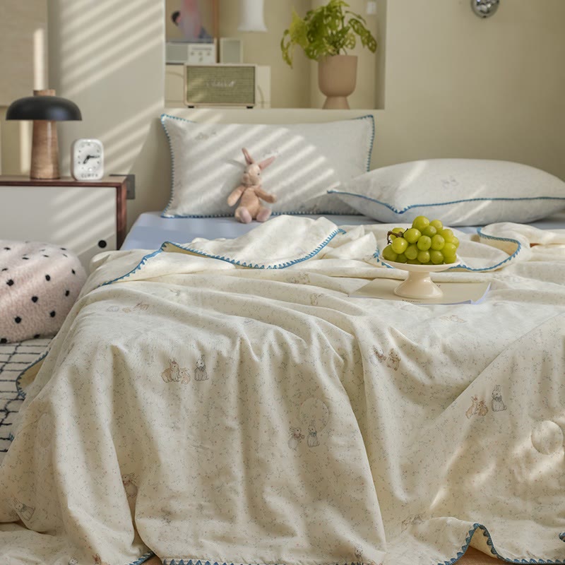 Elegante biancheria da letto in garza di cotone con motivo Leaf & Bunny - image 1