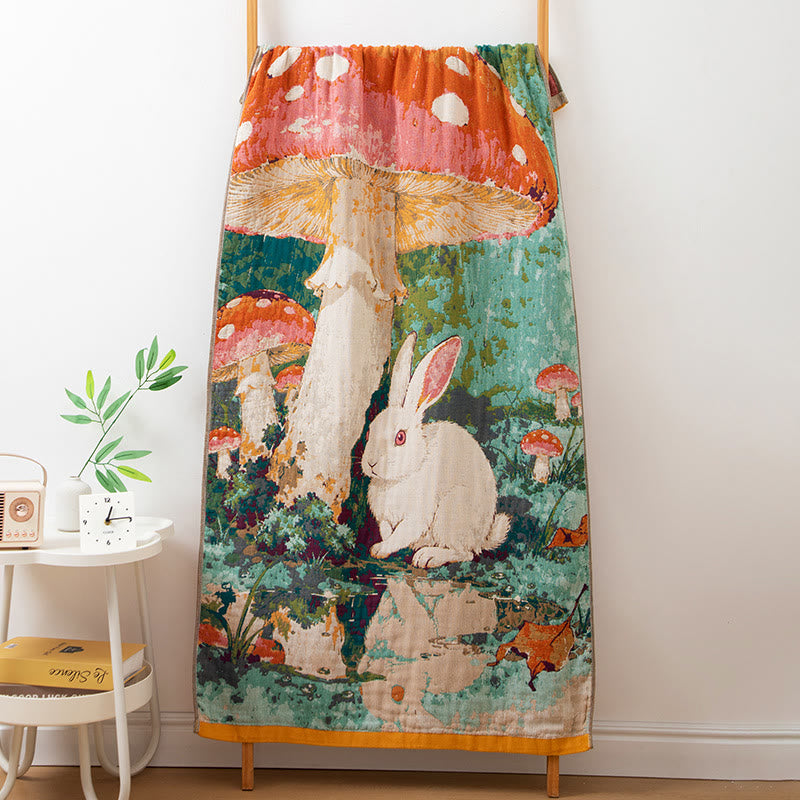 Asciugamano da bagno in garza di cotone con motivo a fungo e coniglietto - Multicolore - 80 cm x 160 cm - image 0