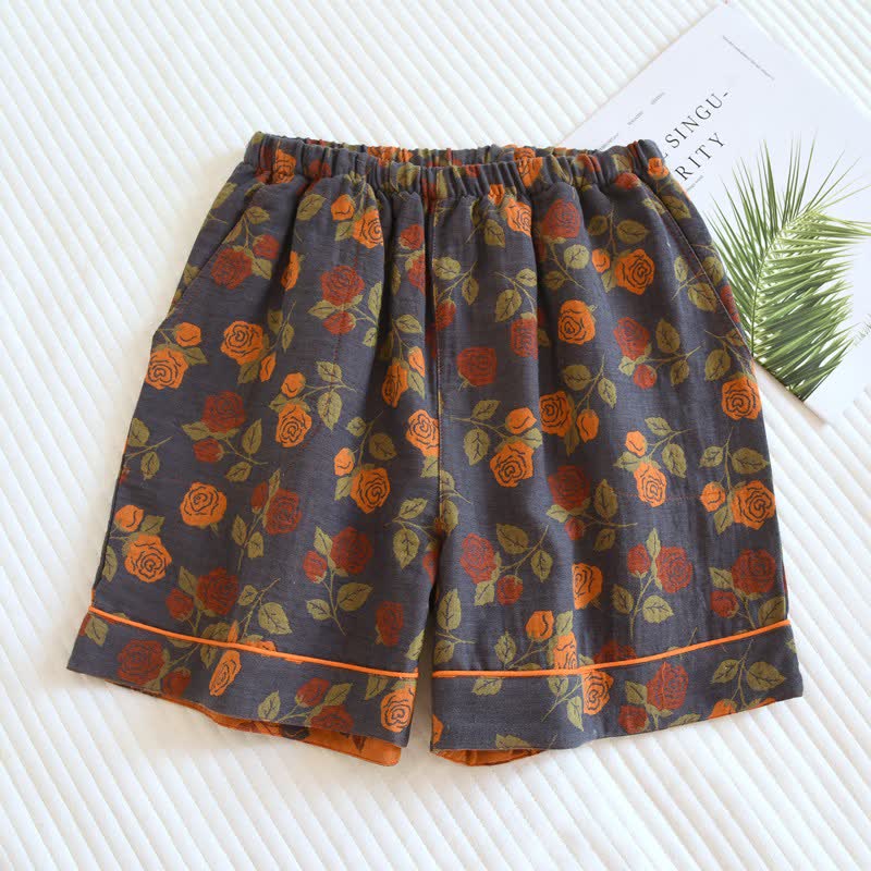 Pantaloncini da pigiama in garza di cotone con motivo pastorale a rose - Grigio - 2 pezzi - XL - image 0
