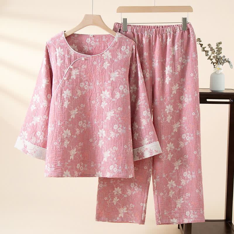 Pigiama in cotone e lino con stampa floreale rosa orientale - Rosa - XL - image 0
