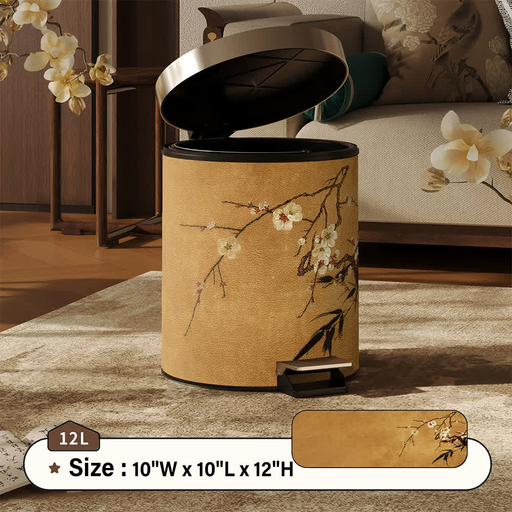 Cestino per rifiuti in pelle con motivo a fiori di prugno orientale. - Pedale - 25 x 25 x 32cm) - image 7