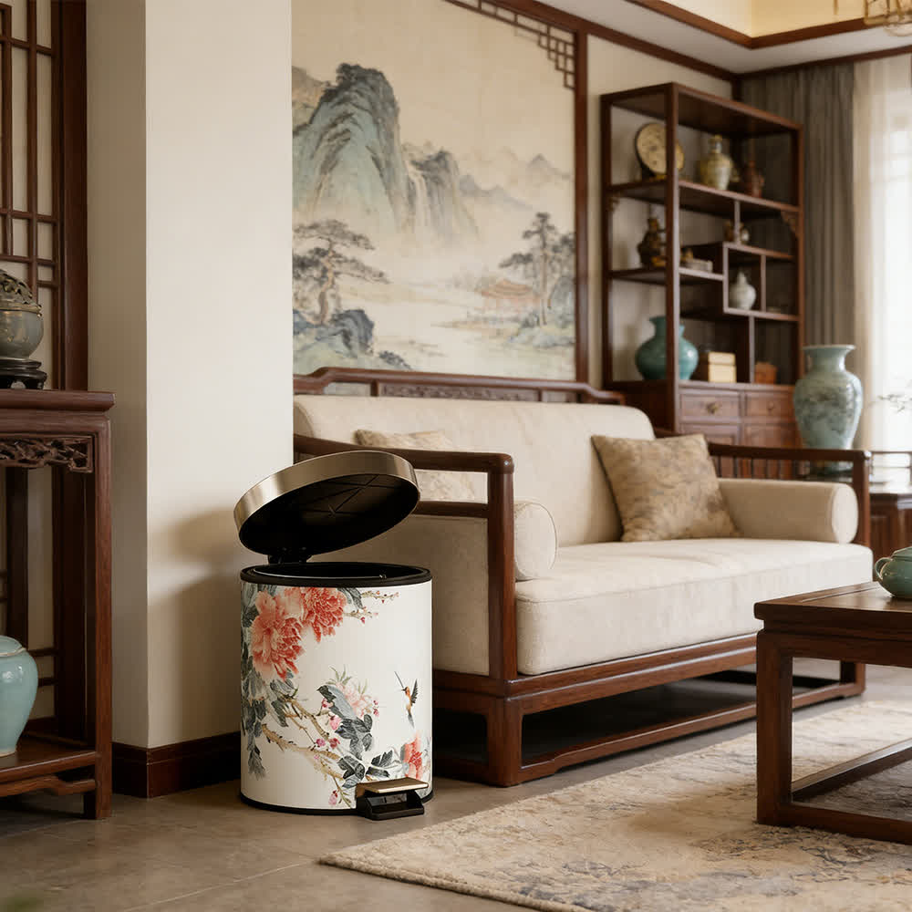Cestino per rifiuti in pelle stile Chinoiserie con peonia e uccellino - image 7