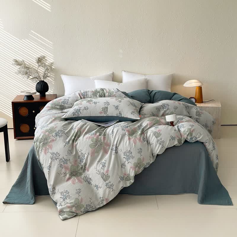 Set di biancheria da letto in doppia garza di cotone con motivo floreale a foglie (4 pezzi) - Verde - Matrimoniale Grande - image 1