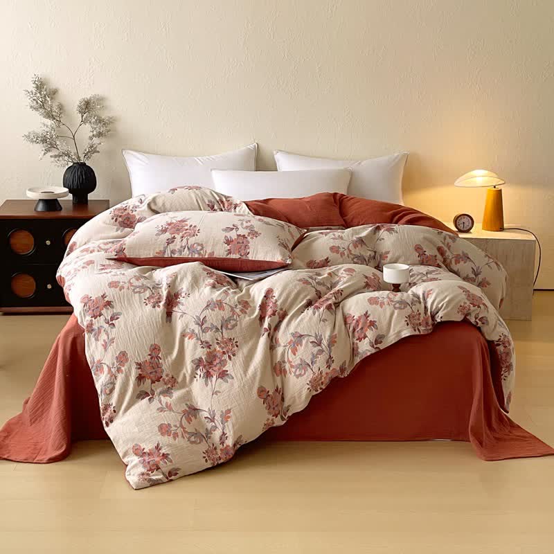 Set di biancheria da letto in garza di cotone con stampa floreale sfumata (4 pezzi) - Matrimoniale Grande - image 0