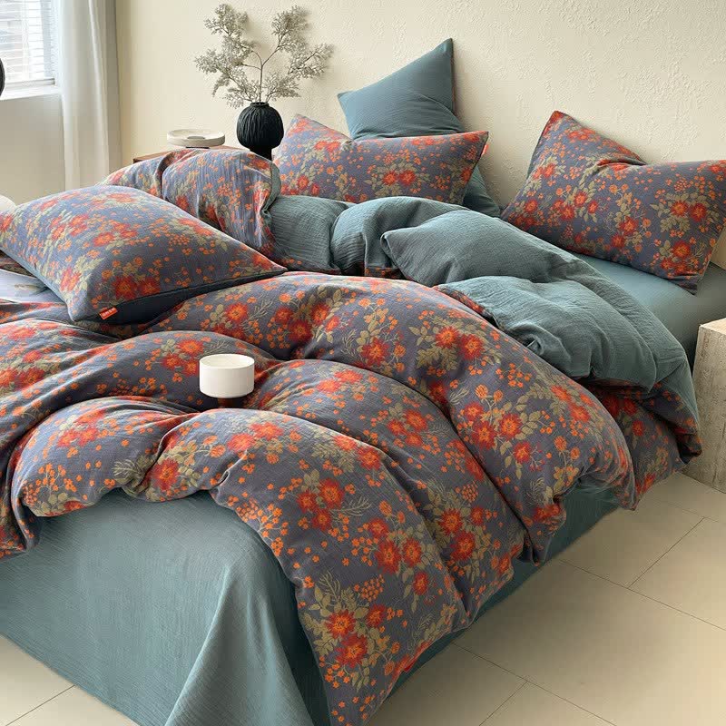 Set di biancheria da letto in garza di cotone con stampa floreale retrò (4 pezzi) - Matrimoniale Grande - image 0