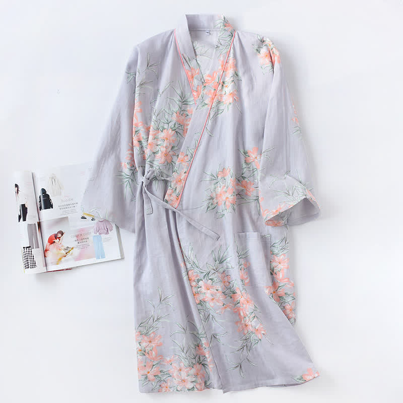 Kimono in garza di cotone a fantasia floreale rosa - Blu - L - image 10